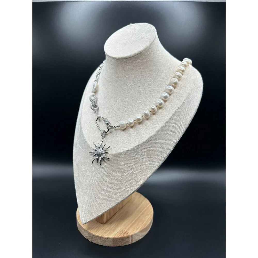 White natural pearl half chain necklace, combined freshwater pearl and bulky cha